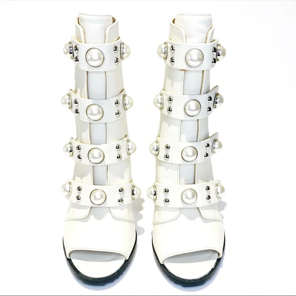 KARL LAGERFELD White Embellished Brayden Stiletto Leather Booties NWT